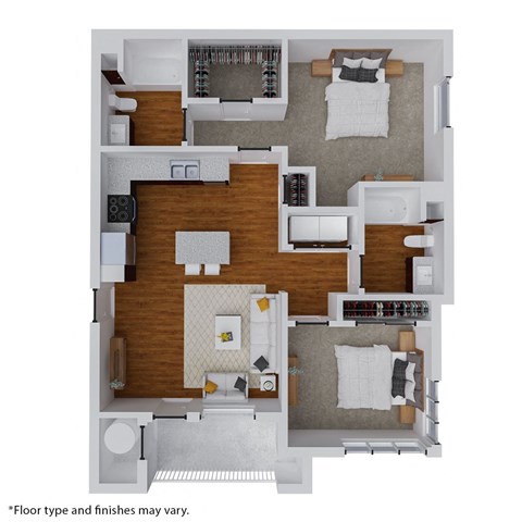Floor plan for 2 beds, 2 baths, 997 sqft